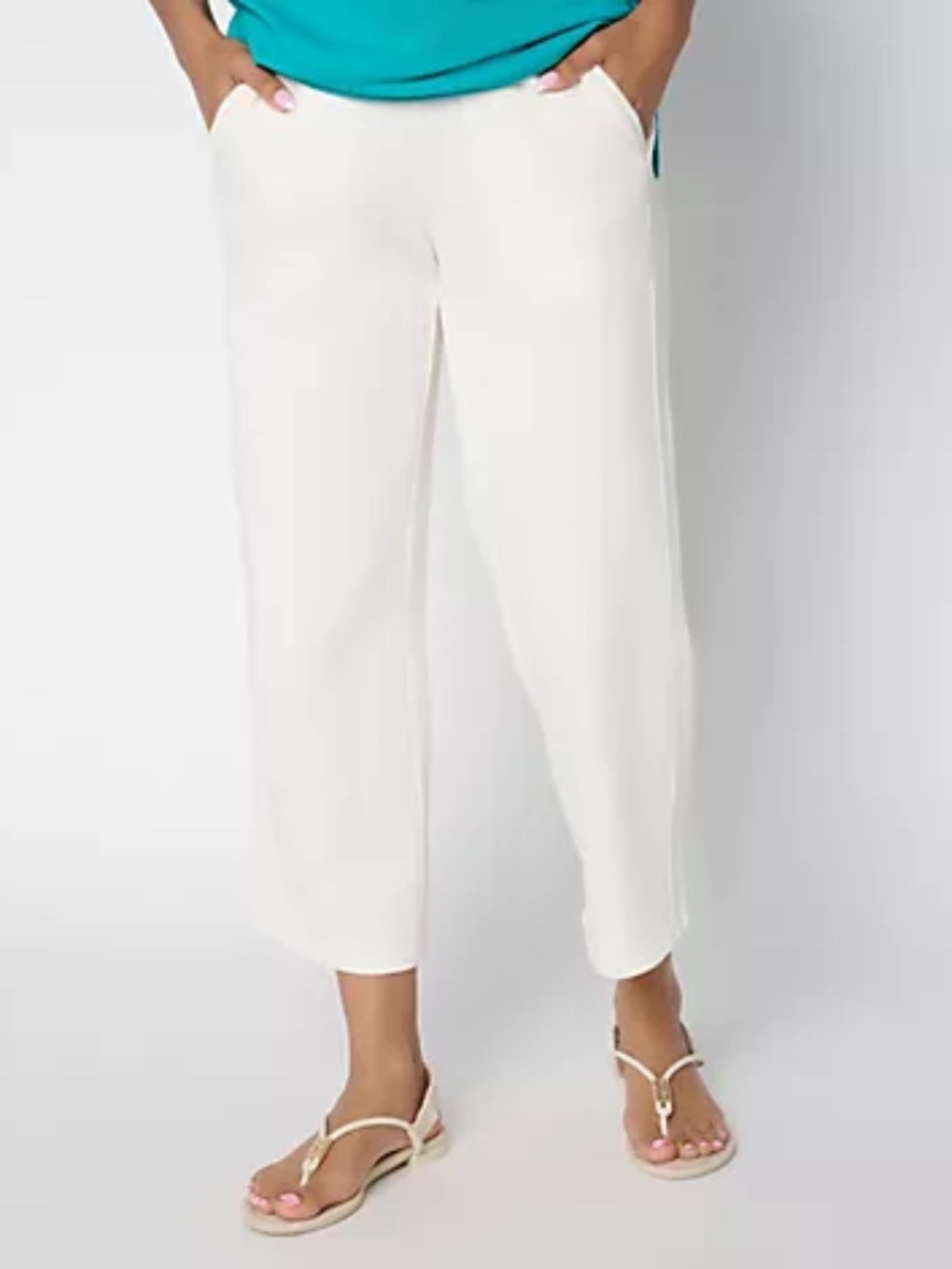Denim & Co. Beach Petite Tideline Terry Crop Pants Pockets, natural Sz PS a72587
